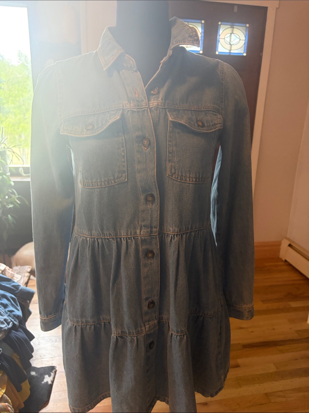 Free People Denim Button-Front Tiered Jacket Dress - Blue